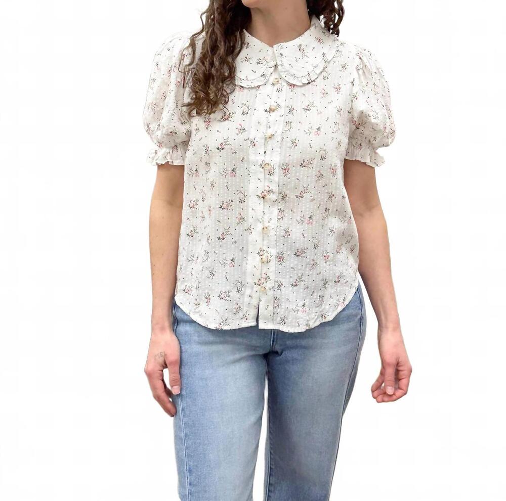 NEW DOE AND RAE floral button up peter pan collared blouse in white